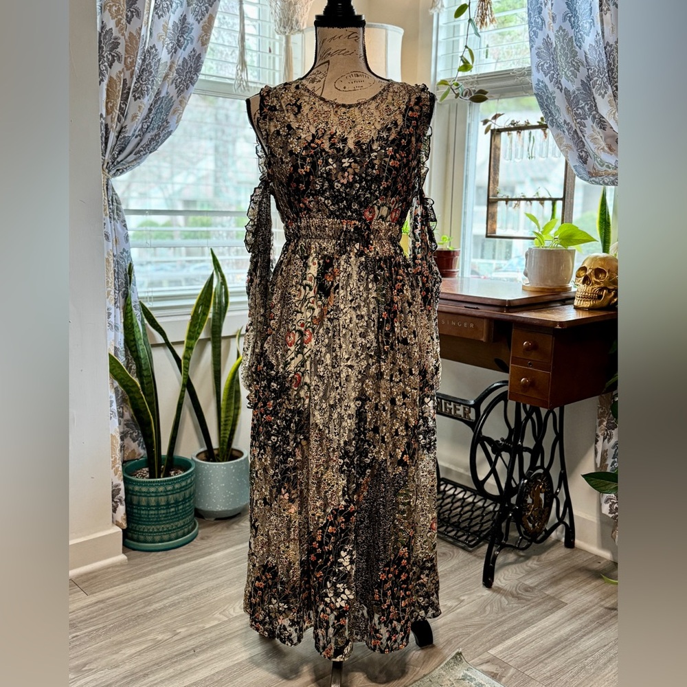 Zara floral lace cold shoulder lined midi dress